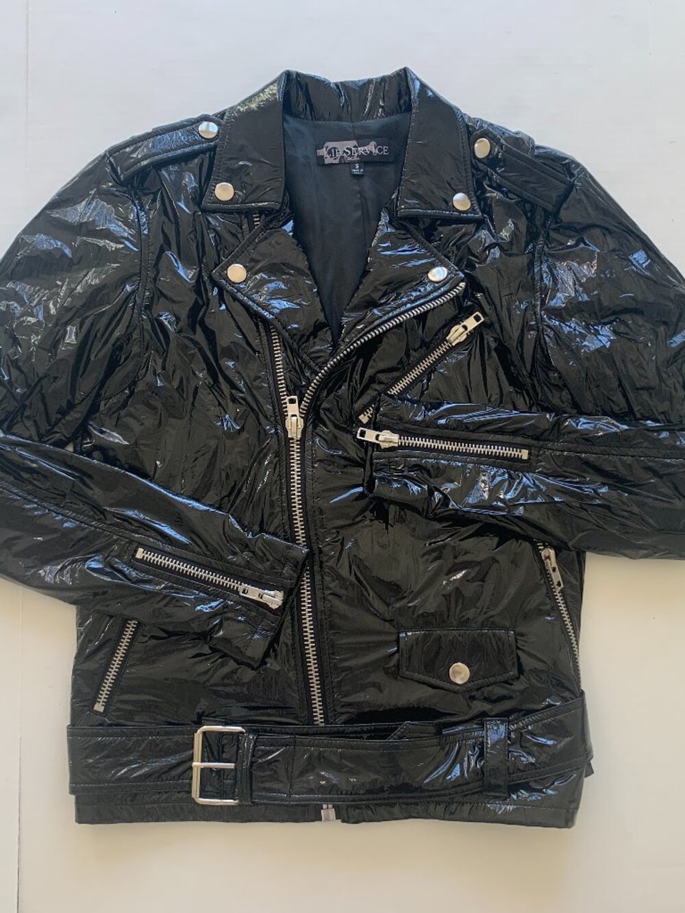 Lip Service Wrinkle Wash Black Vinyl Moto Jacket Sz S Goth Punk Y2K Fetish Vamp